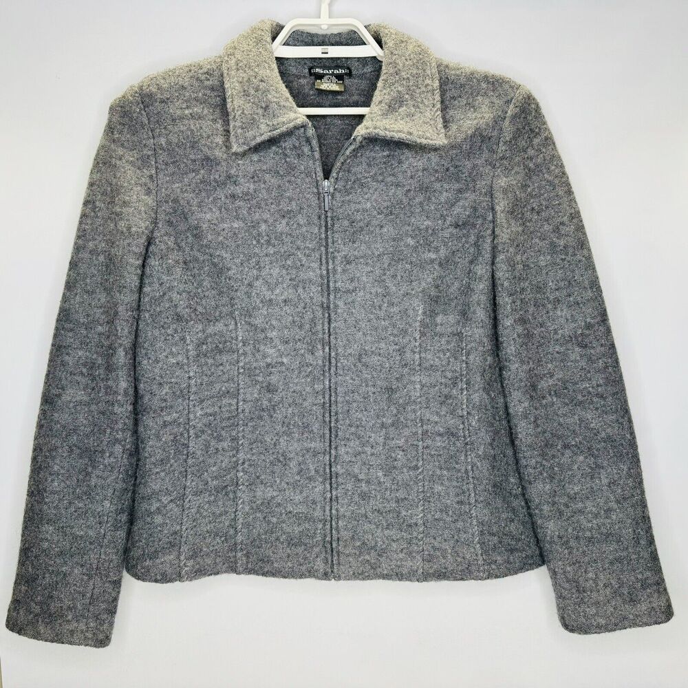 Sarah Jacket Blazer Size Large 100% Felted Wool Heather Gray Zip Up Front Collar